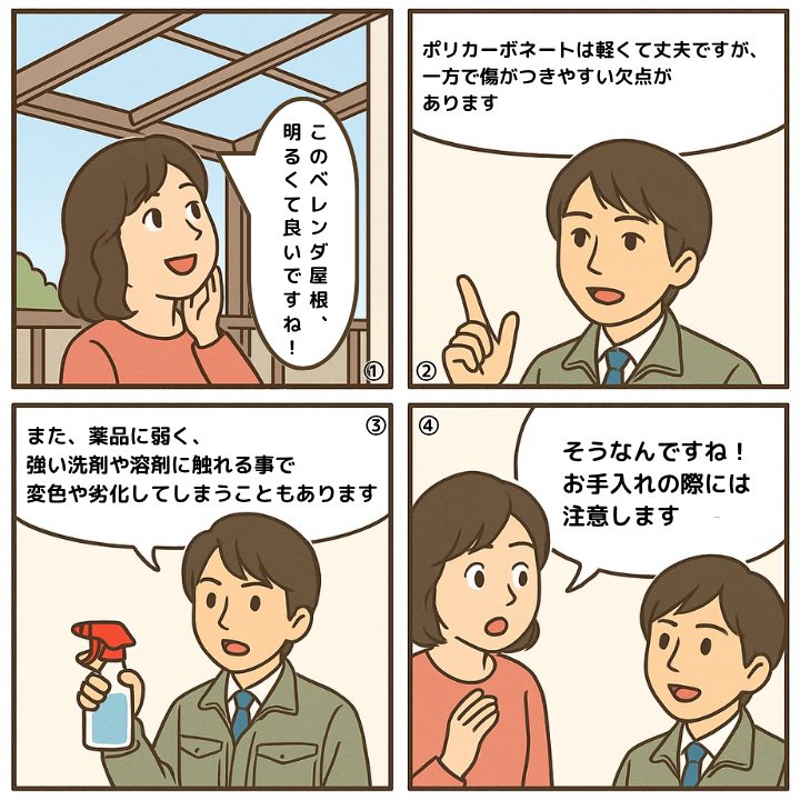 ポリカーボネート屋根の欠点について解説する4コマ漫画