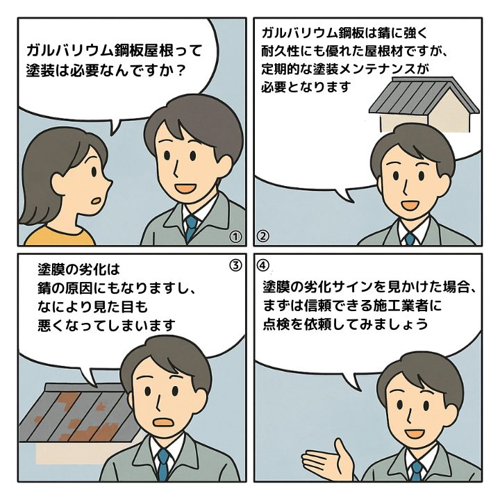ガルバリウム鋼板屋根の塗装について解説する4コマ漫画