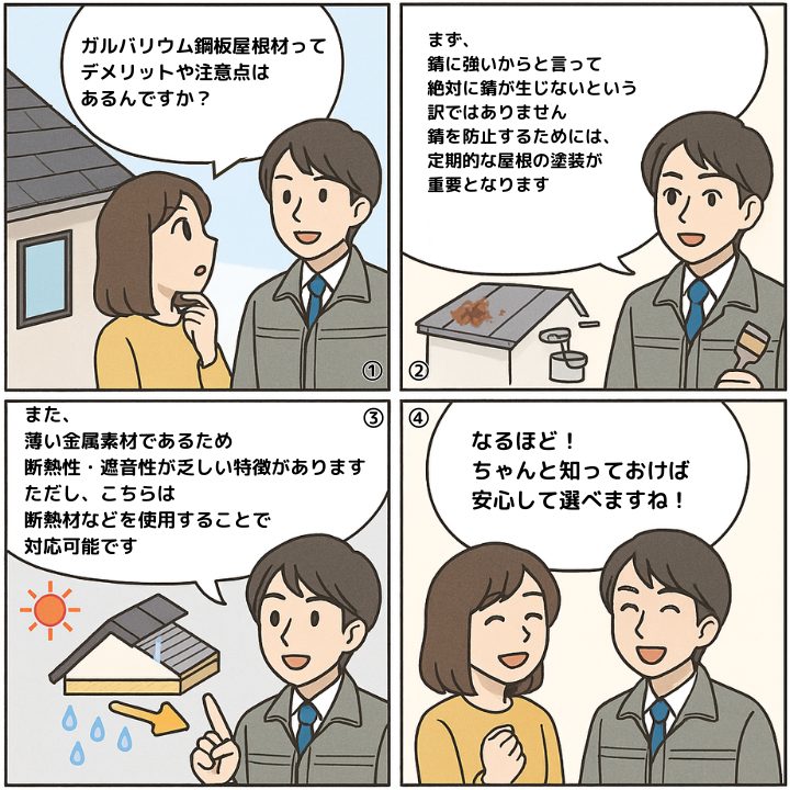 ガルバリウム鋼板屋根のデメリットについて解説する4コマ漫画