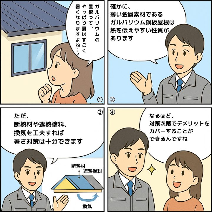 ガルバリウム鋼板屋根の暑さ対策について解説する4コマ漫画