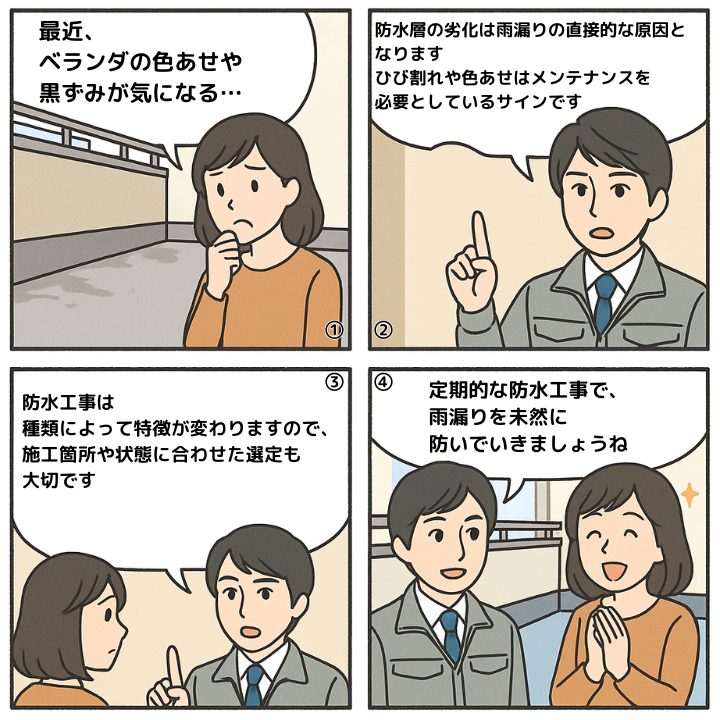 防水工事について解説する4コマ漫画