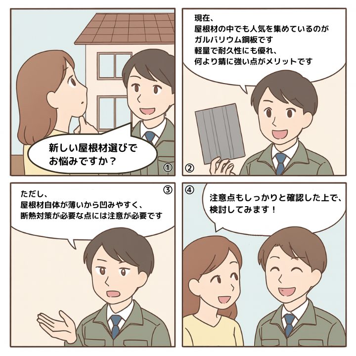 ガルバリウム鋼板屋根について解説する4コマ漫画