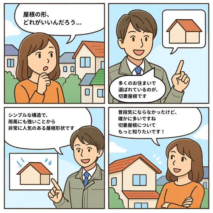 切妻屋根について解説する4コマ漫画