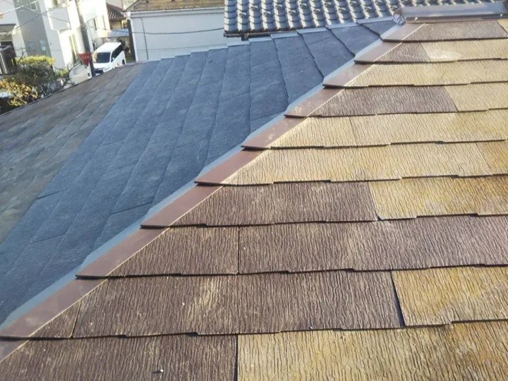 コロニアル屋根の部分葺き替え工事が完工した外観