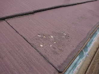 屋根表面の塗膜が剥がれて素地が見えている箇所