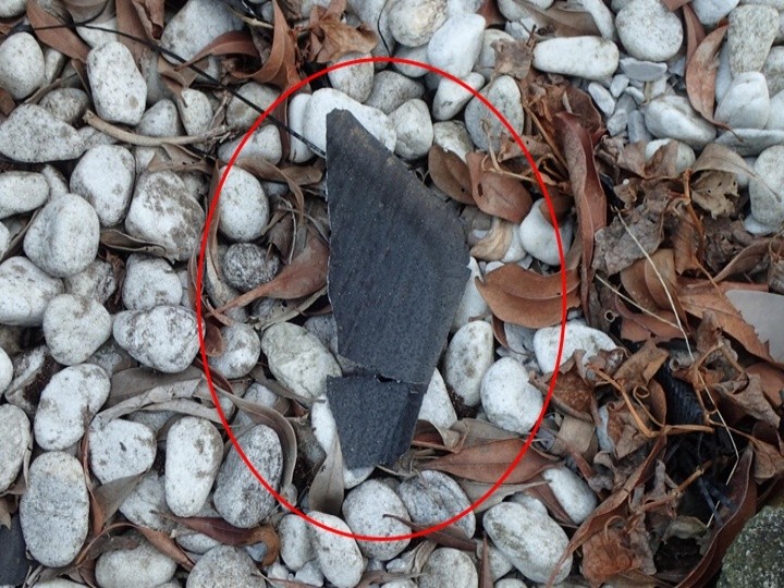 庭先に屋根材の破片が落ちた状況