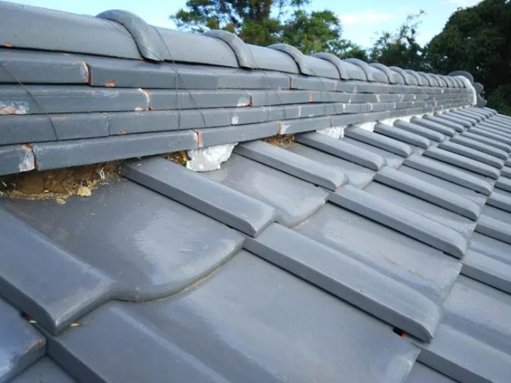 剥がれ落ちた棟瓦の漆喰