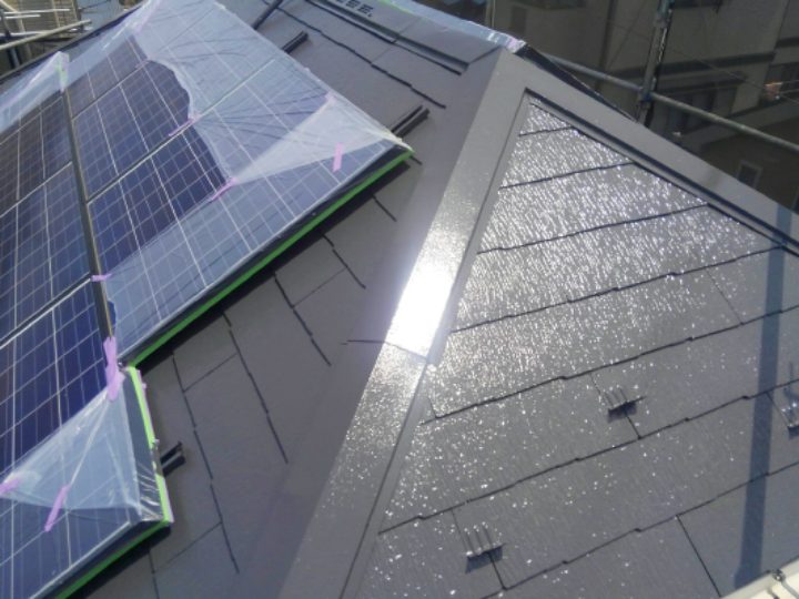 太陽光パネルと雪止めが設置された屋根