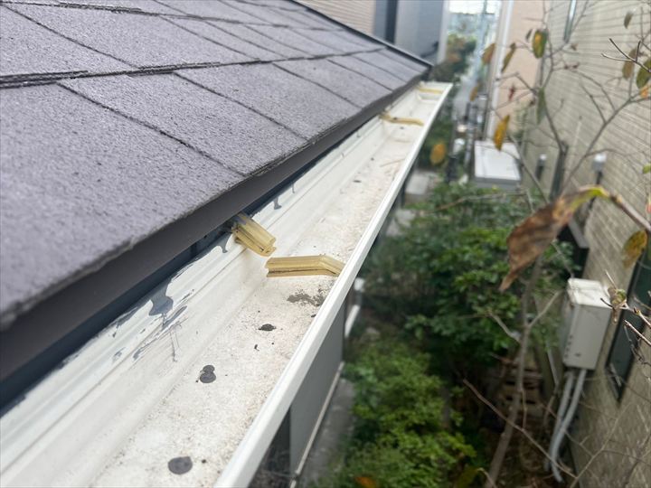 小枝が残る雨樋内部
