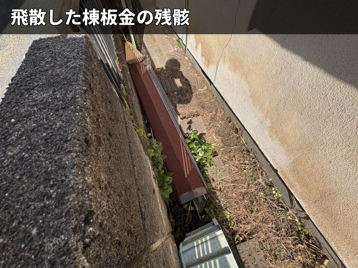 飛散した棟板金の残骸